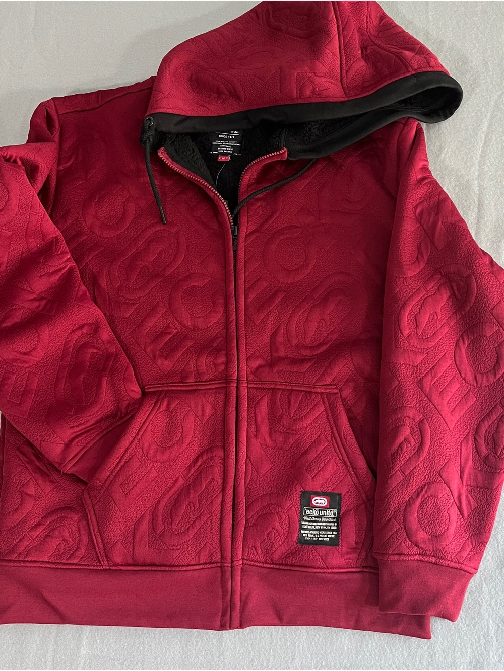 NWT Ecko Unlimited Sherpa Lined Men's Deep Red Embossed Hooded Zip Jacket